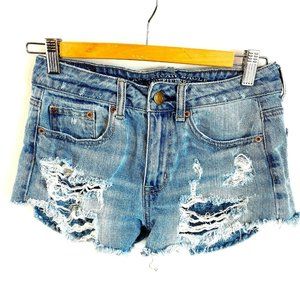 American Eagle AEO Vintage Hi-Rise Festival Jean Shorts Lace Pockets 0 Frayed